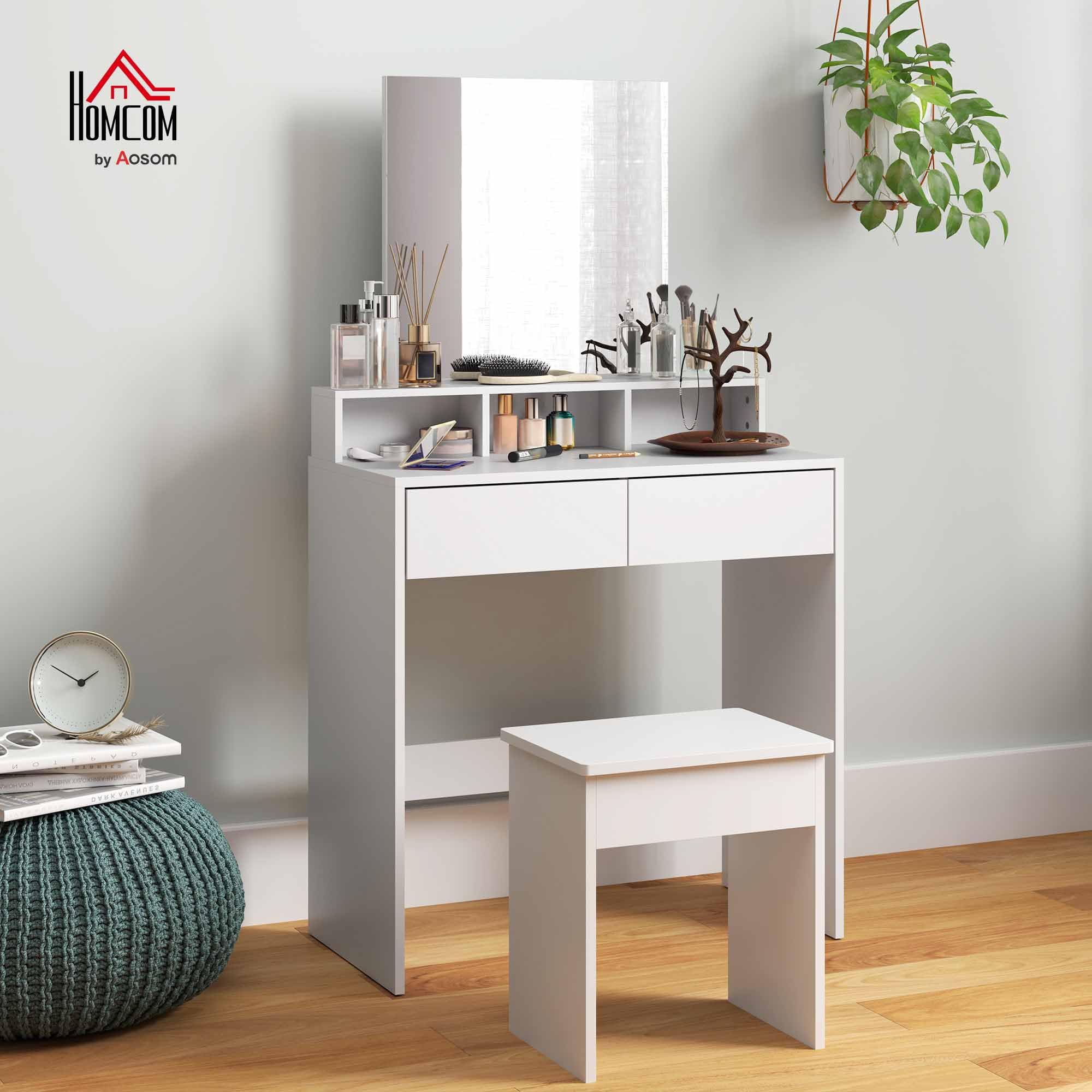 HOMCOM Postazione Trucco con Sgabello, Tavolo da Trucco con Specchio, 3 Ripiani, 2 Cassetti, Toeletta Trucco Moderno in Legno per Camera da Letto, 75x38x135 cm, Bianco