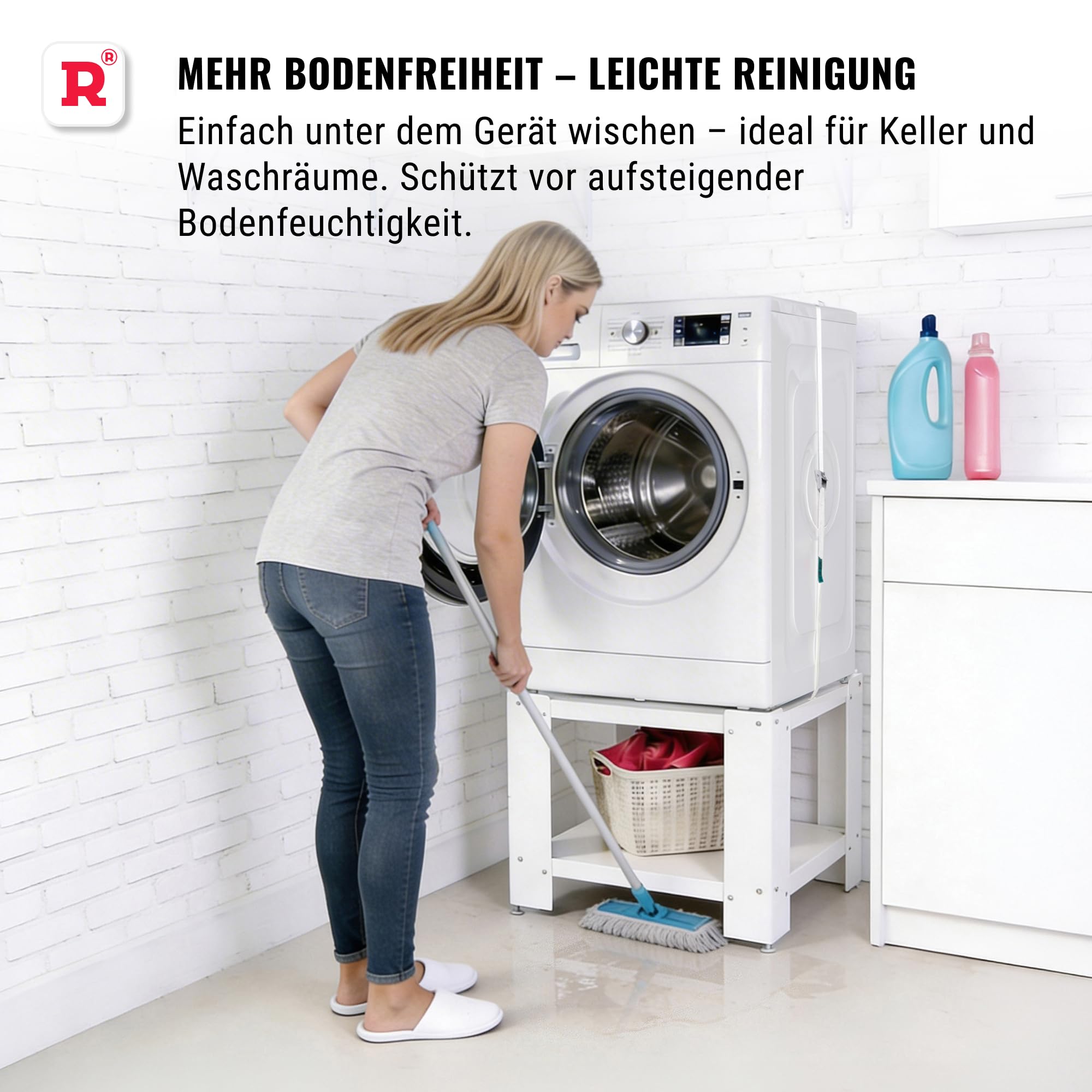 ROLLER Kappatos Waschmaschinen-Untergestell 50 cm mit Regal, Weiß | Stabiles Podest, bis 300 kg, verzinkter Stahl, höhenverstellbare Füße, inkl. Spanngurt
