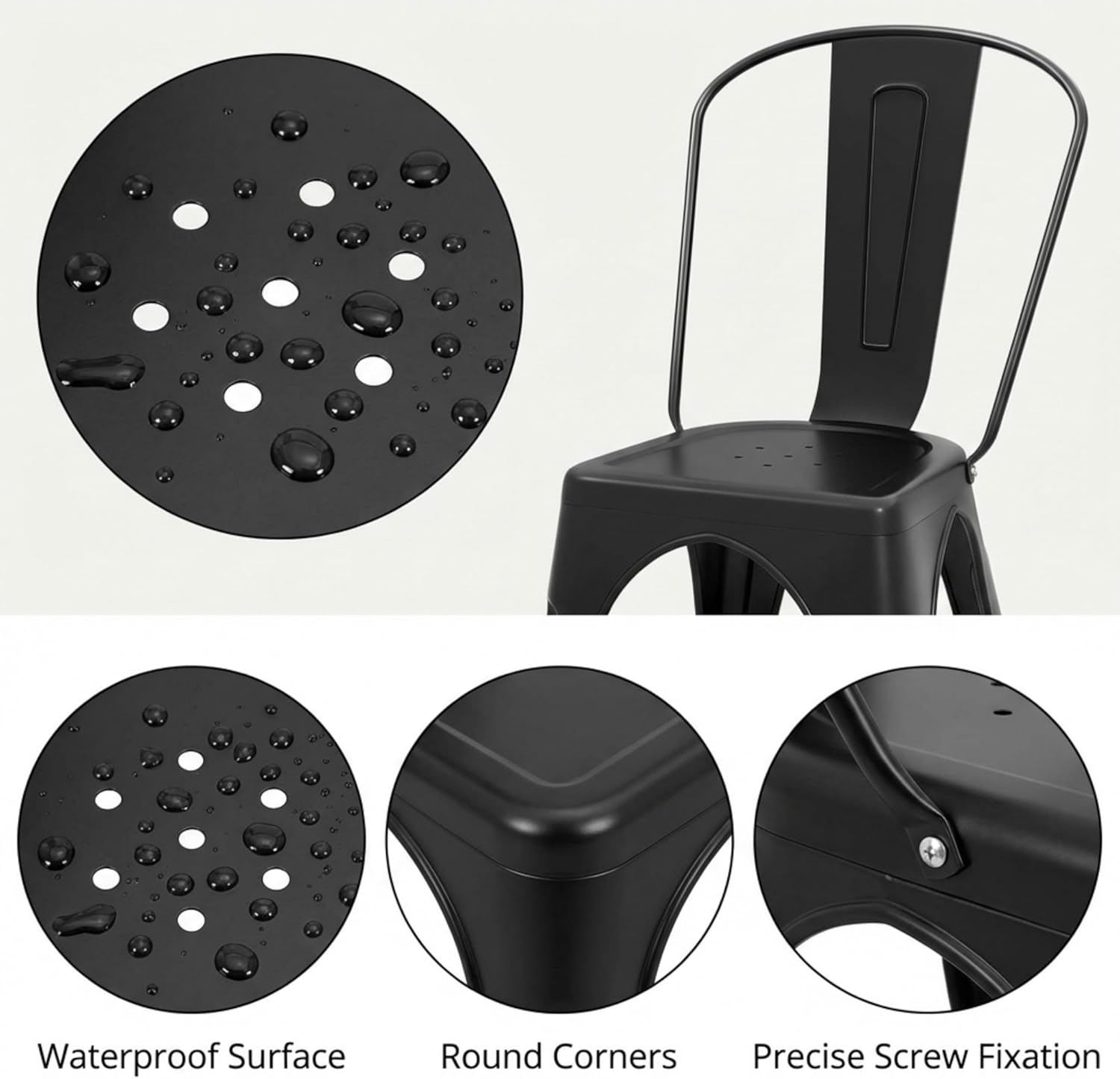 Set of 4 Industrial Metal Dining Chairs – 18" Stackable Tolix Style Kitchen Chairs with Removable High Backrest – Heavy Duty 330 lbs Capacity Steel Side Chairs for Indoor & Outdoor – Black