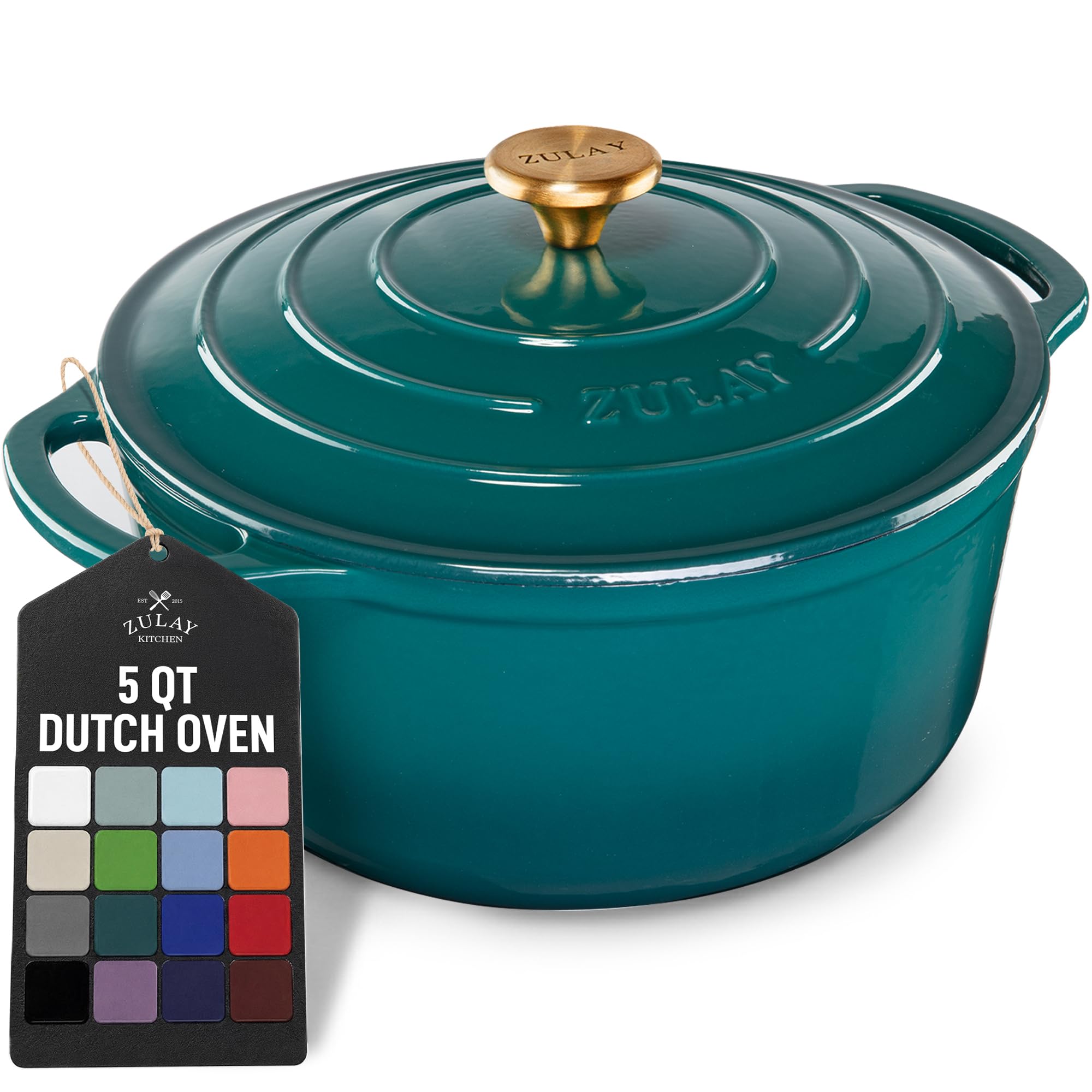 Zulay Kitchen 5 Quart Enameled Cast Iron Dutch Oven Pot with Lid – Premium Durability &amp; Oven Safe up to 500°F – Heavy Duty Cookware Perfect for Bread Baking, Stews, Braising &amp; Roasting – Emerald