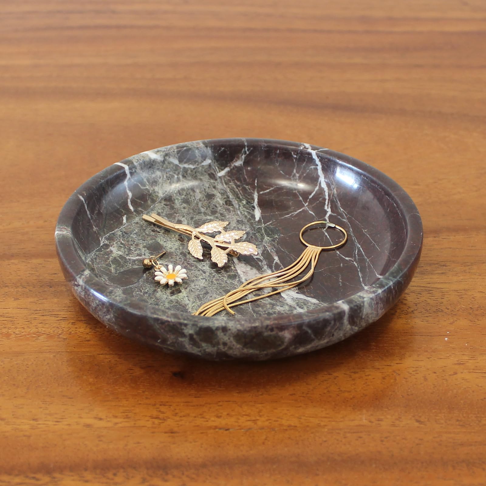 Natural Marble Travertine Ring Dish - 5.5" Jewelry Tray For Nightstand, Keys, Earrings (Pink Marble)