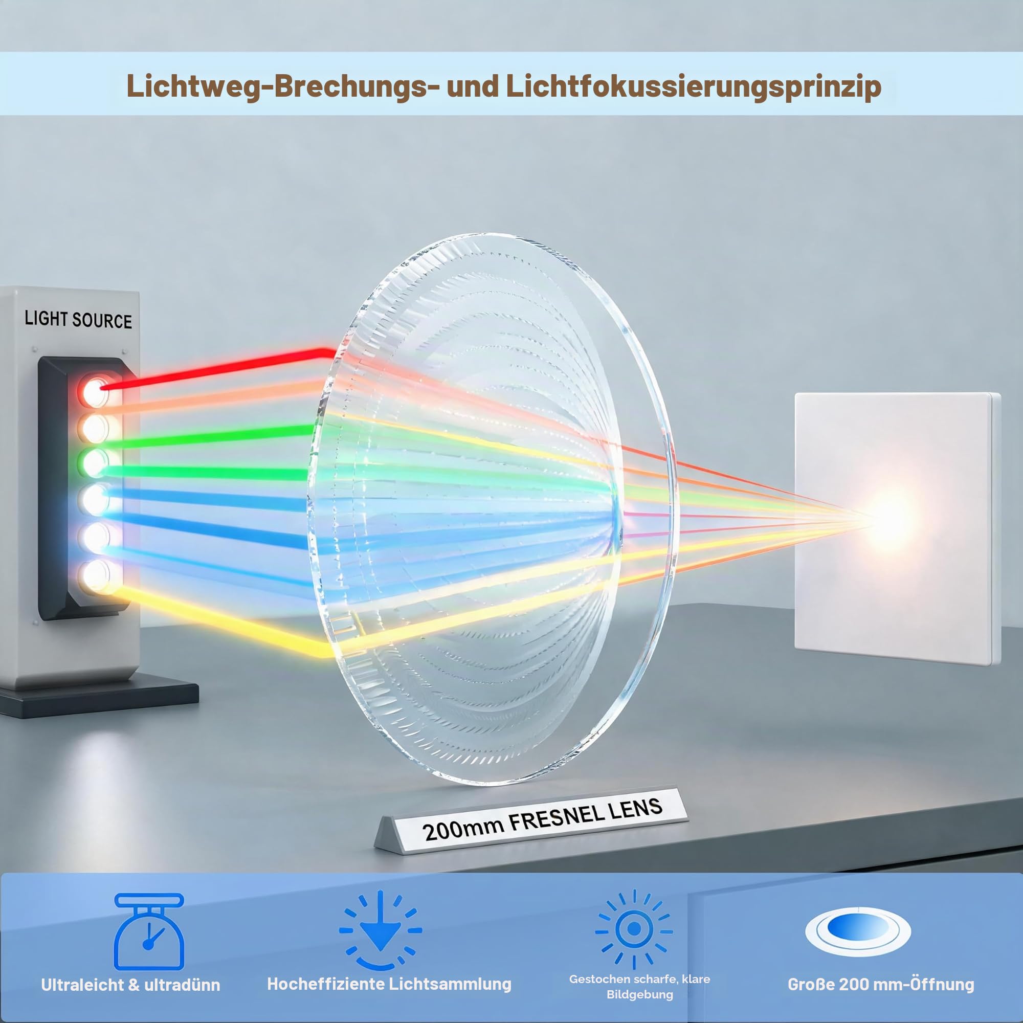 Fresnel-Linsenlupe, Durchmesser 200 mm, Brennweite 200 mm, Acryllinse (kein Glas), für Physik-Klassenzimmer, Solarheizung, Vergrößerung, Feuerstarter (Brennweite 200 mm)