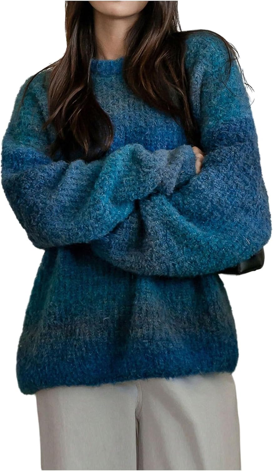 SOLY HUX Women's Vintage Long Sleeve Sweater Crew Neck Knitted Pullover Sweaters Oversized Tops Winter Festivals Clothes