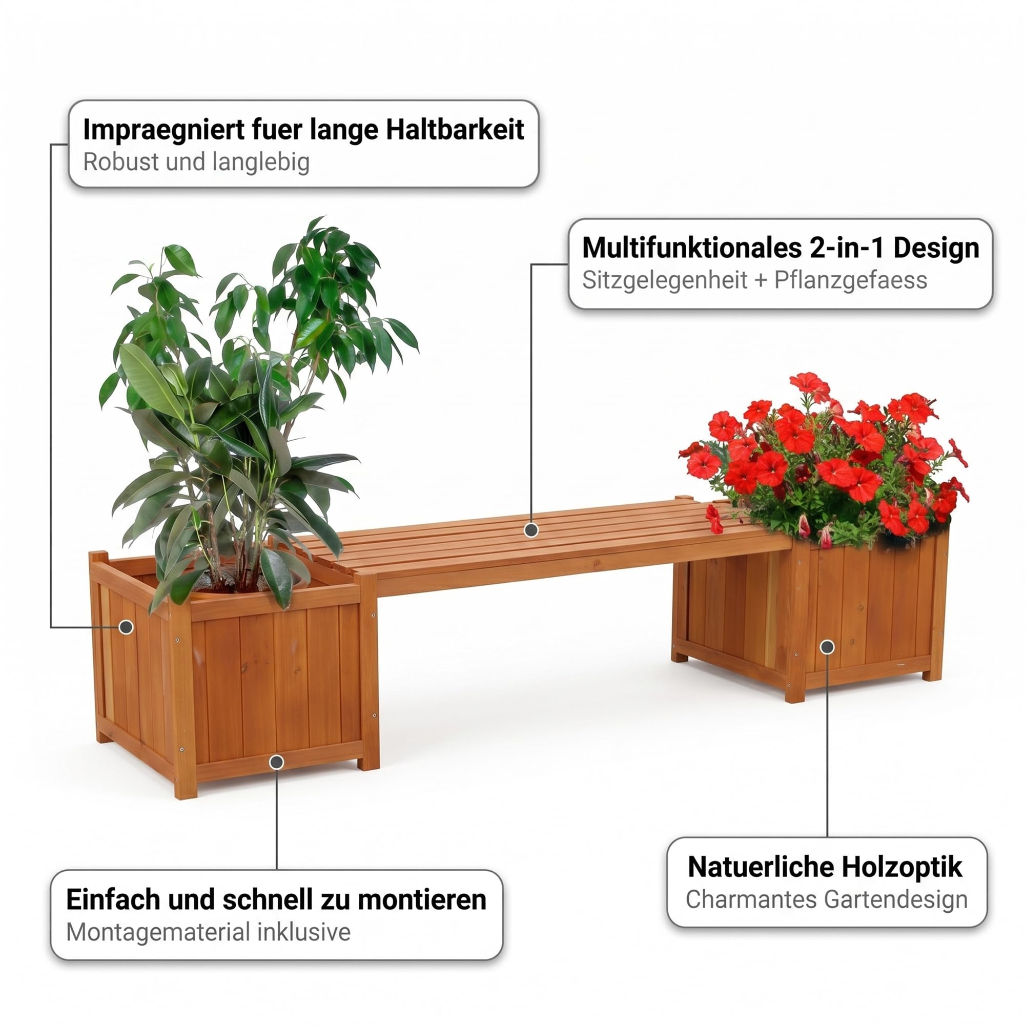 Mucola Gartenbank mit Pflanzkasten 2-Sitzer 180x40x40 cm Holz imprägniert | Sitzbank mit 2 integrierten Blumenkästen, Terrasse, Balkon, Outdoor, warme Maserung, schnelle Montage ohne Spezialwerkzeug