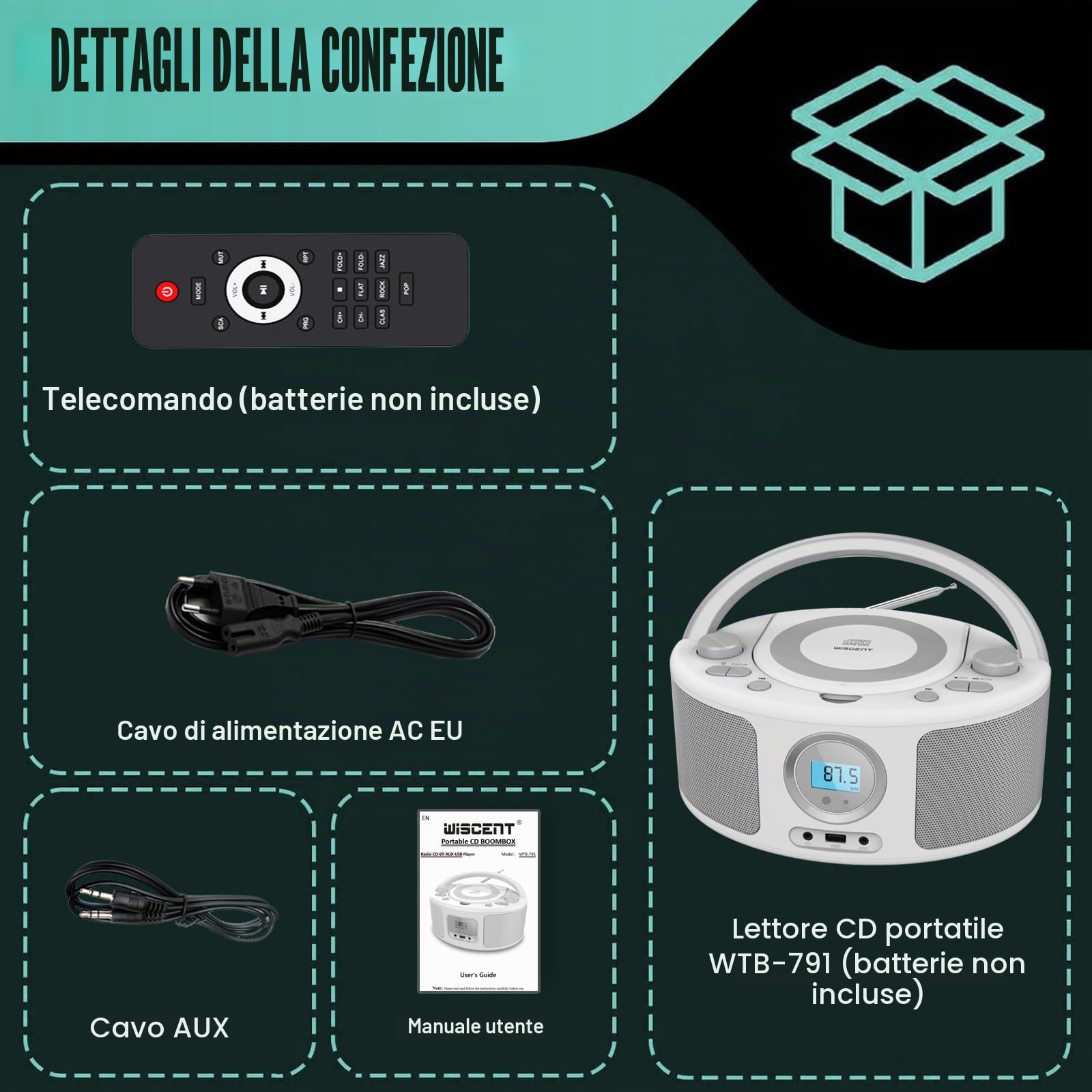 Radio Portatili Boombox con Bluetooth, Telecomando, Lettore CD Stereo con Radio FM, Ingresso Blue Tooth, USB, AUX-IN,Compatibile CD-R/CD-RW,AC o Alimentato a Batteria