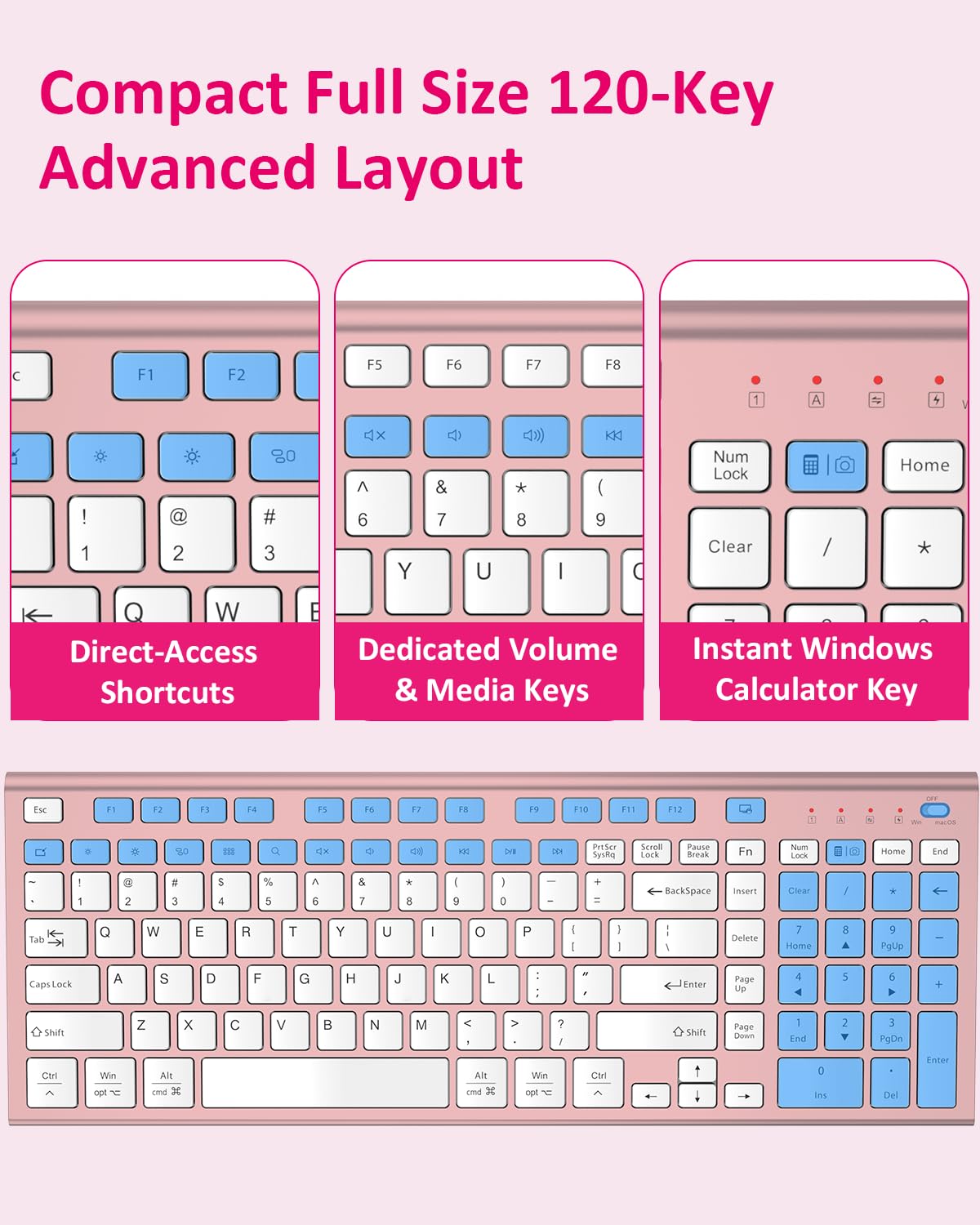 FENIFOX Wireless Silent Keyboard, Ultra Quiet USB C Low Profile Compact Full Size with Number Pad Flat Slim Thin Soft Touch for Mac Computer MacBook iMac PC Laptop Desktop Office (Pink Rose Gold) - 5