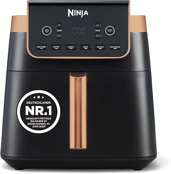 Ninja Heißluftfritteuse MAX PRO, 6,2 L, ölfrei, große Schublade, Rösten, Backen, Air Fry, Antihaftbeschichtet, Spülmaschinenfester Korb & Crisper Gittereinsatz, Silikonzange, Schwarz/Kupfer, AF180EUCP