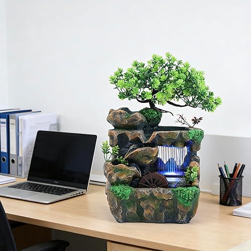 Miniatura 7 de 11.81 pulgadas Fuente de rocalla de mesa para interiores, cascada de bonsái, mini fuente de agua de rocalla con bomba automática y luz LED,