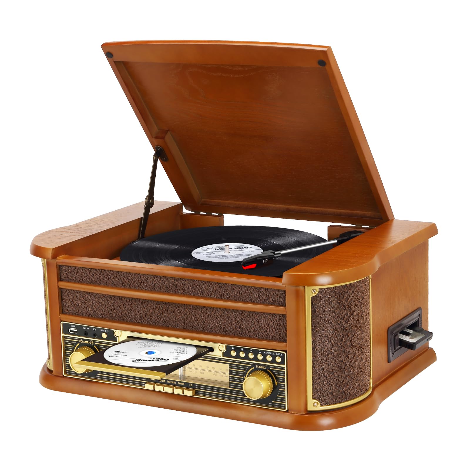 Tocadiscos de Vinilo Vintage Bluetooth inalámbrico de 3 velocidades con Radio fonógrafo Am/FM con Conector de 3,5 mm, CD/Cassette, Entrada Auxiliar/Salida RCA, reproducción USB