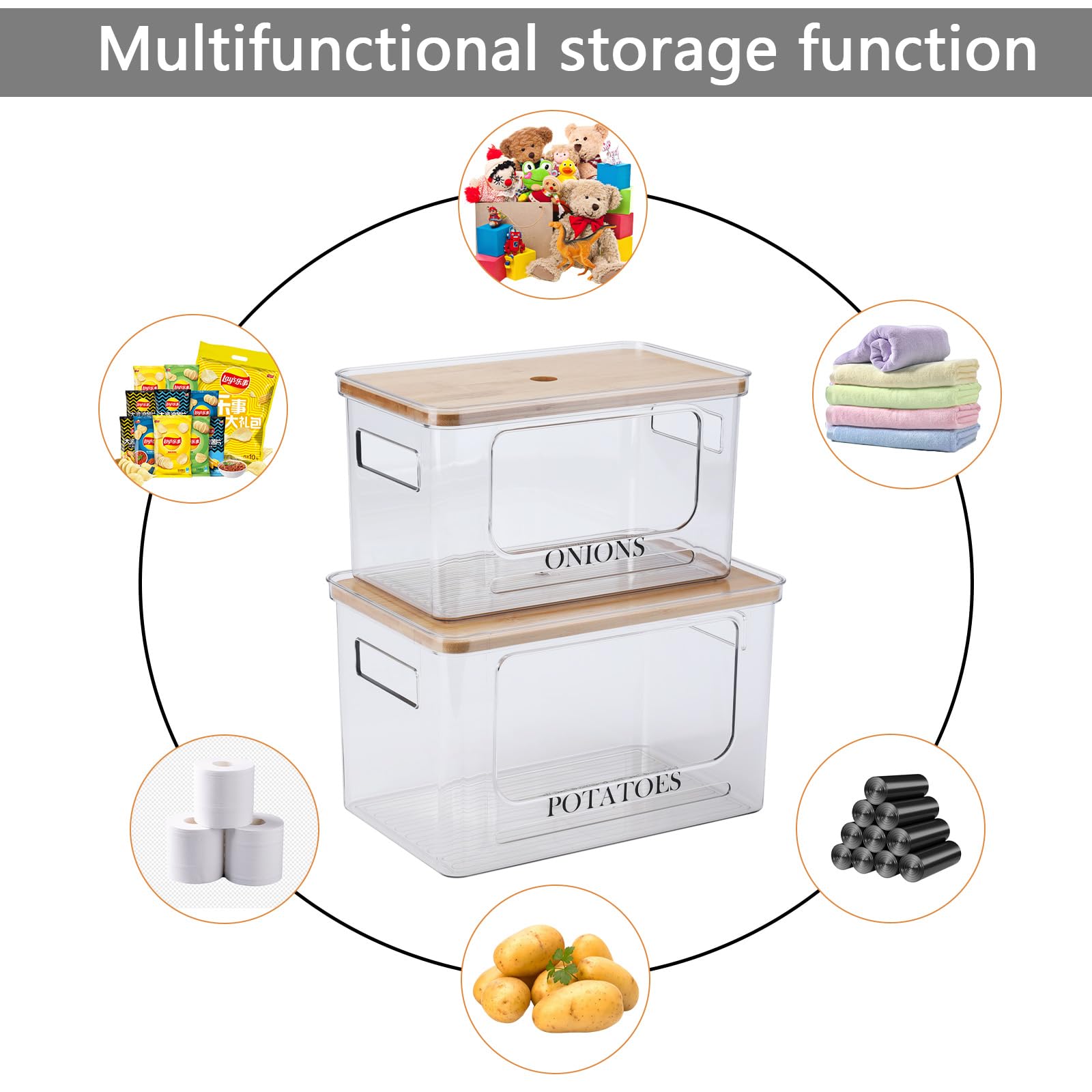 Kartoffel- und Zwiebel-Aufbewahrungsbehälter-Set, transparent, stapelbar, Obst- und Gemüse-Aufbewahrungsbox mit Deckel und Griff, Zwiebelkartoffelhalter, robuster Aufbewahrungskorb für