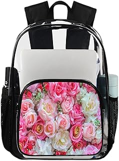 Pink Roses Mochila transparente para serviço pesado, rosa flor mochila transparente impermeável PVC mochila transparente com alça de ombro reforçada para escola, trabalho, viagens, Multicor