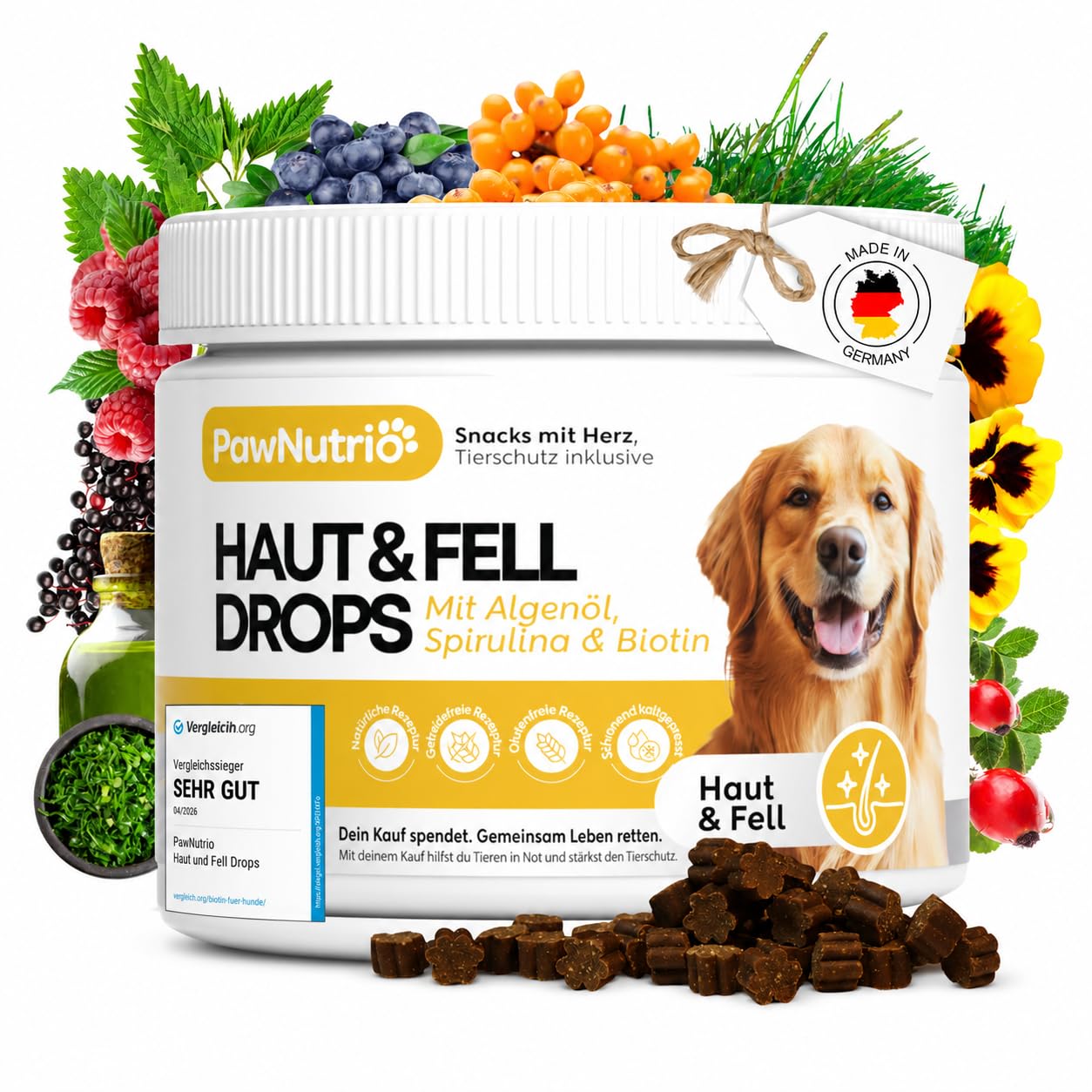 Haut & Fell Drops mit Algenöl (Omega 3) für Hunde I gegen Juckreiz, Haarausfall & trockene Haut I für glänzendes Fell mit Biotin, Bierhefe, Vitamin E I 100% natürlich I ca. 120 STK.