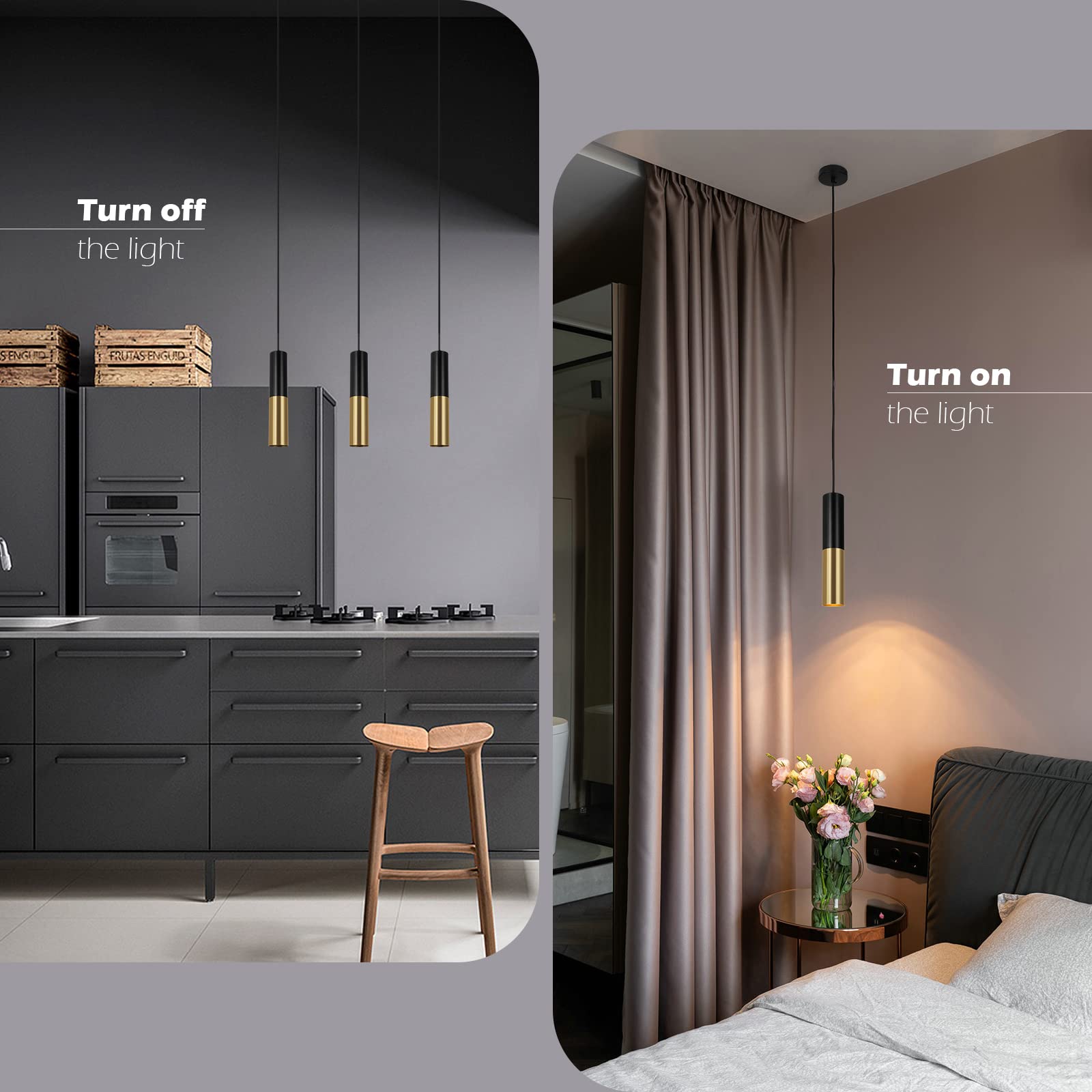 VONCI Modern Black and Brass Gold Pendant Light for Kitchen Island, Industrial Cylinder Hanging Lamp Spotlight for Dining Room Living Room Restaurant Bar (3 Pack)