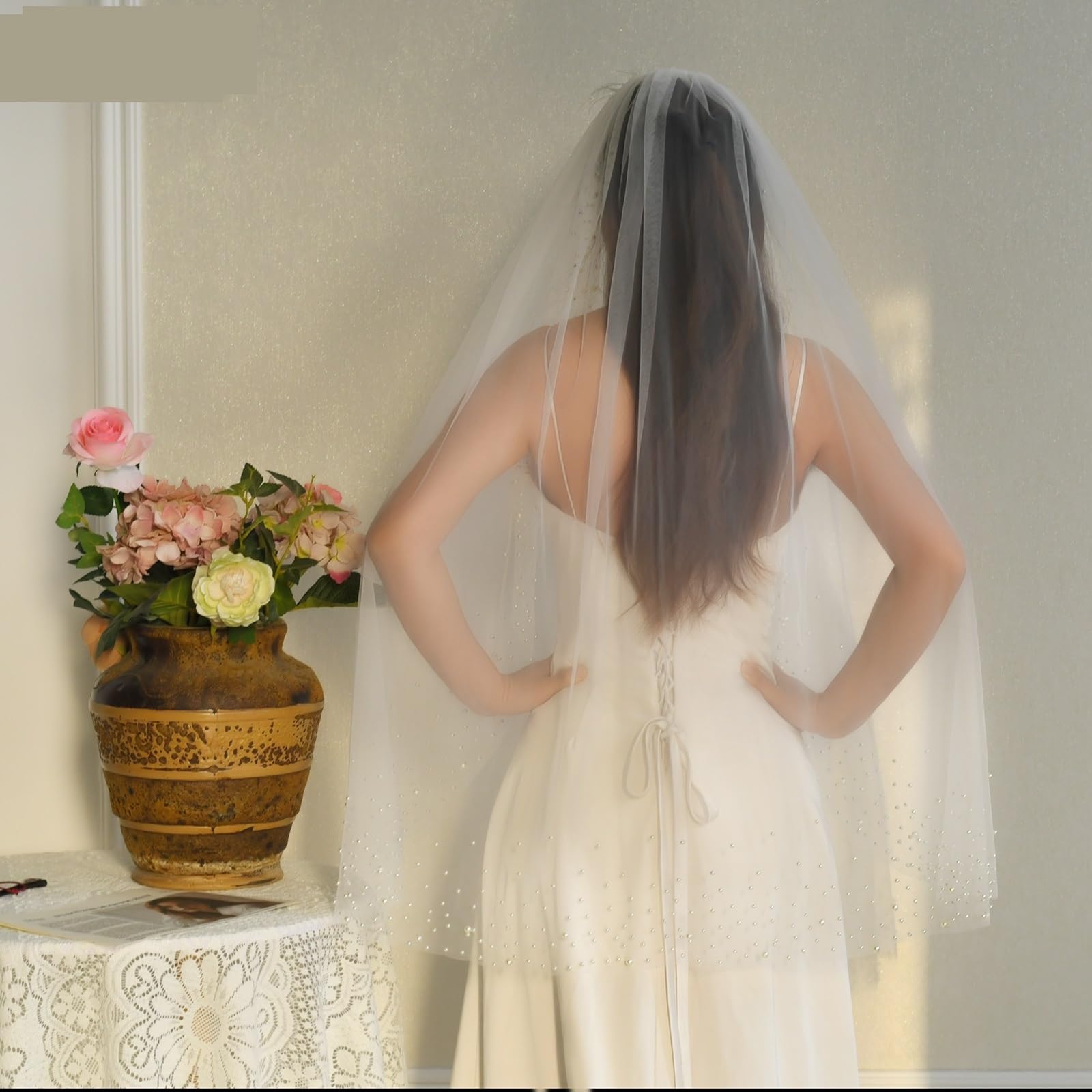 Schleier Braut Brautschleier mit Perlen, kurz, for Hochzeit, elegant, Weiß/Creme, mit Kamm