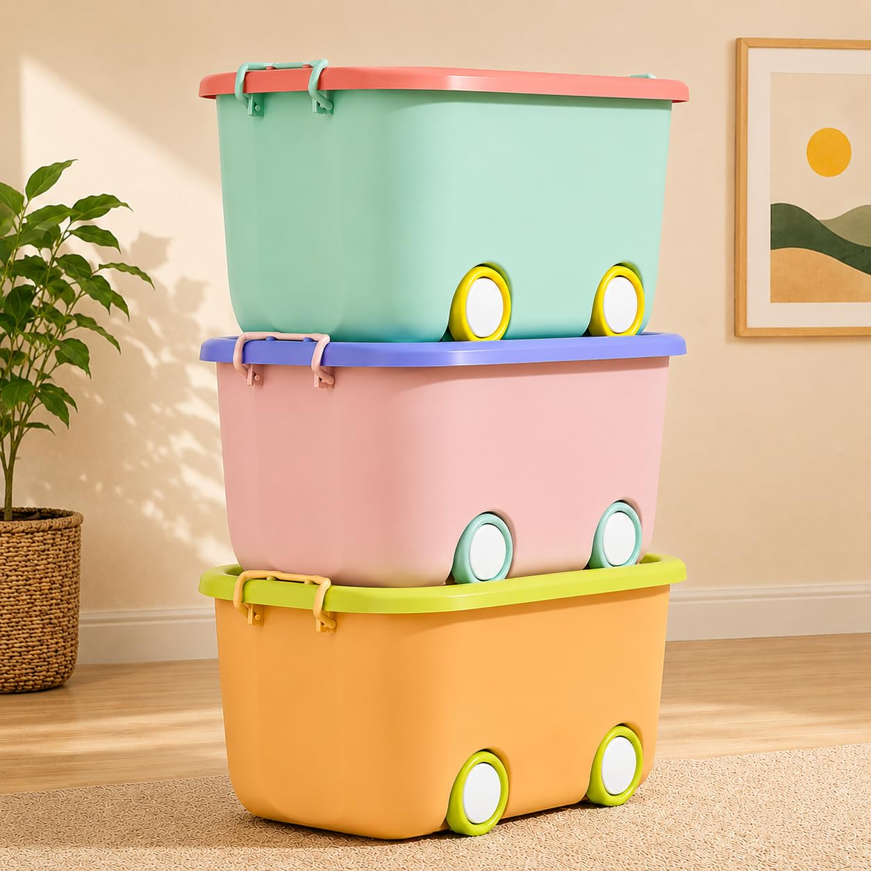 JD FRESH 25 Litre Rolling Toy Storage Box/Colorful Car-Shaped Kids Toy Storage Organizer/Large Size Plastic Storage Box with Wheels & Handle/Stackable Storage Container Box (Pack of 3, Multicolor)-image-5
