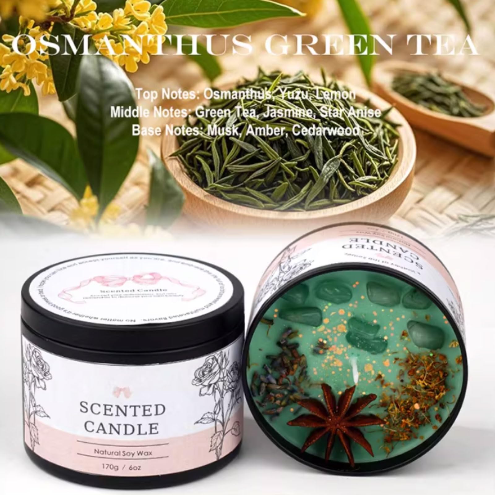 Compacto Velas de lámina de hierro, velas en tarro reutilizables con cristales y flores secas, hechas con cera de soja y aceites esenciales botánicos no es picante(Osmanthus Green Tea)
