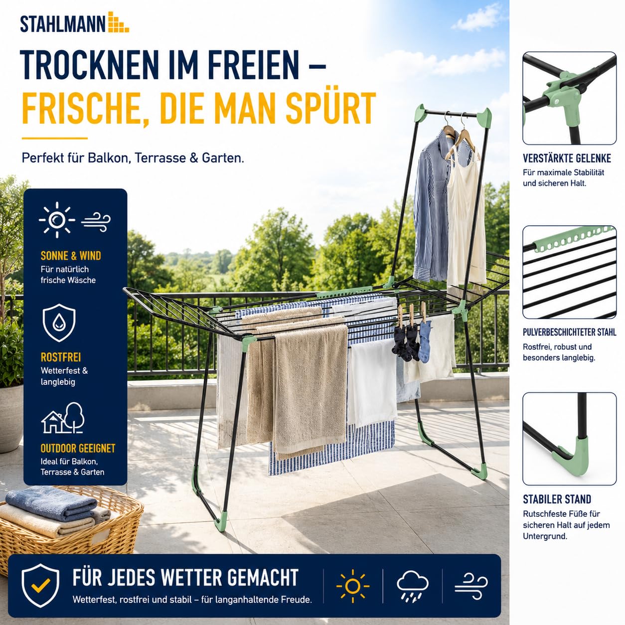 STAHLMANN JETZT NEU Wäscheständer Schwarz XXL [30 m Trockenfläche] – Wäscheständer klappbar mit 20 m Flügel & 10 m Kleiderstange – platzsparendes 2-in-1 Trockensystem mit Sockenhalter
