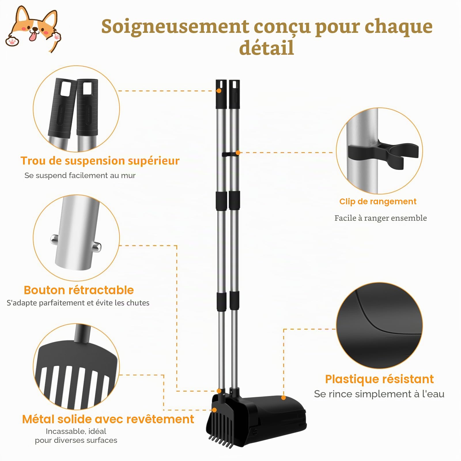 VavoPaw Kit de Pelle à déjections Canines pivotante pour Grands Chiens de Grande Taille, Moyens et Petits Chiens avec 20 Sacs à déchets, Pelle pour enlever Les déchets d'animaux domestiques avec