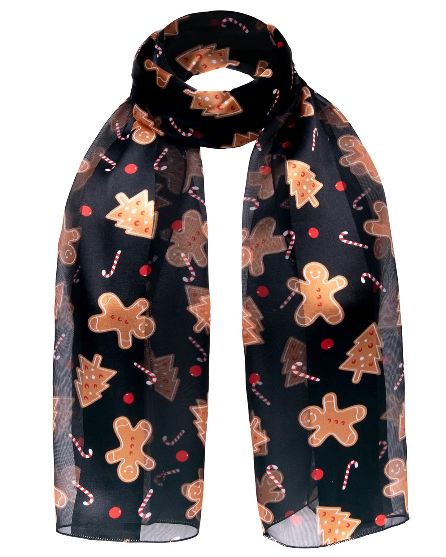 Basic Sense Christmas Scarf for Women, Festive Xmas Scarves with Santa, Snowman & Reindeer Prints, Gingerbread - Black