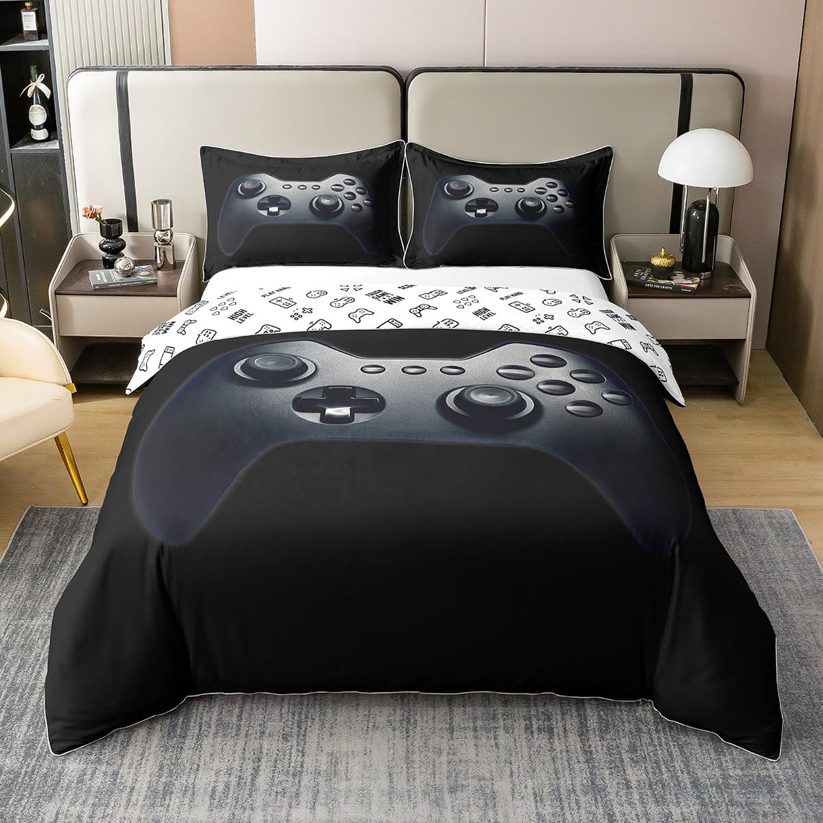 Homewish Housse de Couette 220x240 Jeux Vidéo Coton, pour Ado Garçon, Parure de Lit Manette de Jeux, Ensemble de Literie Patron de Manette de Jeu Vidéo Vintage, Réversible, Noir et Gris