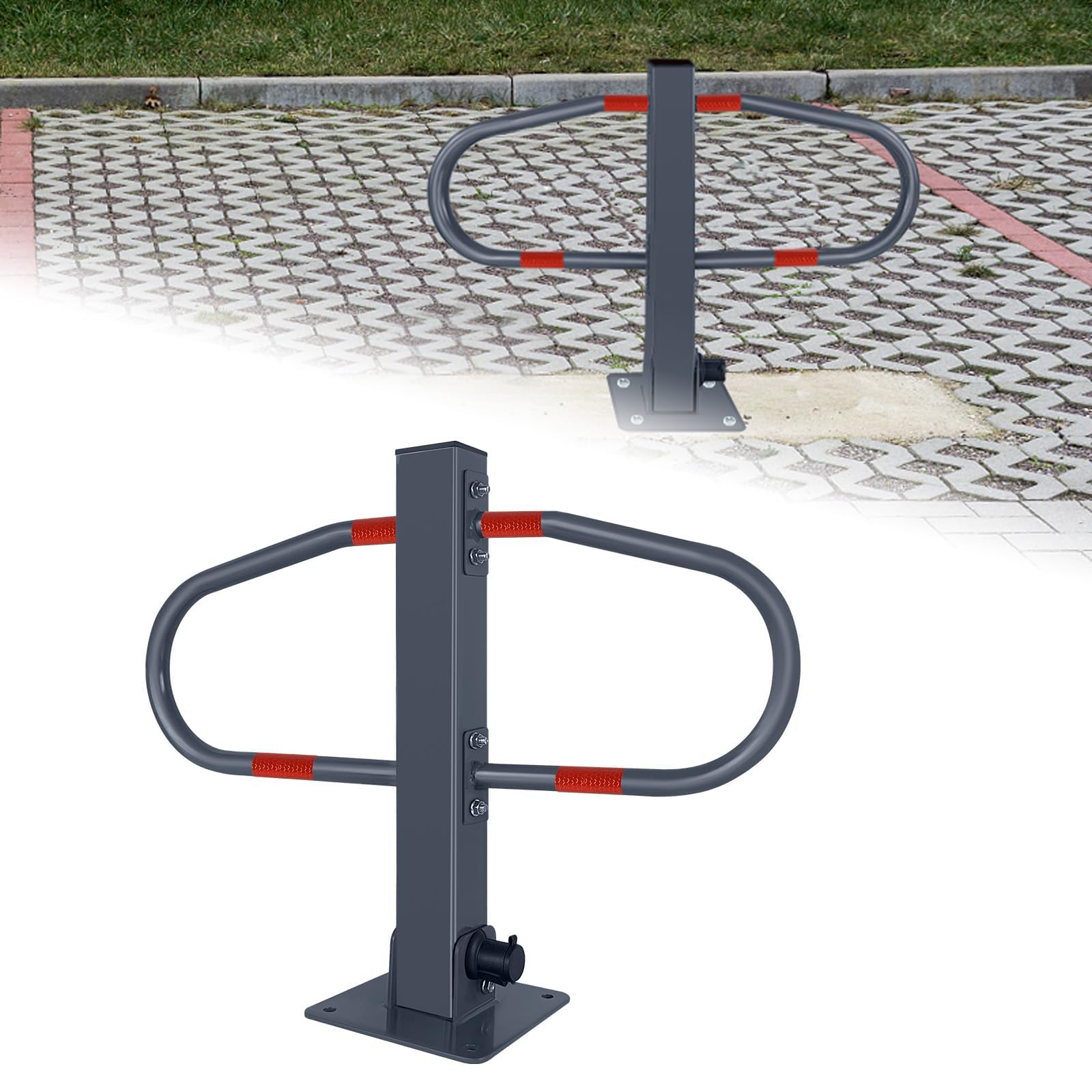 HENGMEI 1 Stück Parkplatzsperre Parkpfosten Klappbar Parkplatzsperren, Absperrpfosten Parkbügel mit 2 Schlüsseln & Reflexstreifen, für Privatparkplatz