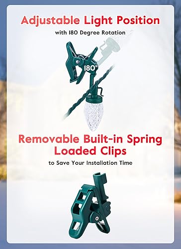 Miniatura 5 de Luces LED C9 de Navidad para exteriores, 66 pies, 100 luces LED de fresa con 100 abrazaderas de resorte, impermeable, grado comercial, extensible,