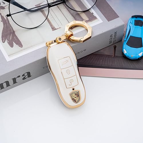 Miniatura 7 de Funda para llavero Porsche con llavero de moda para Porsche 911 Cayenne Panamera Macan, oro y blanco