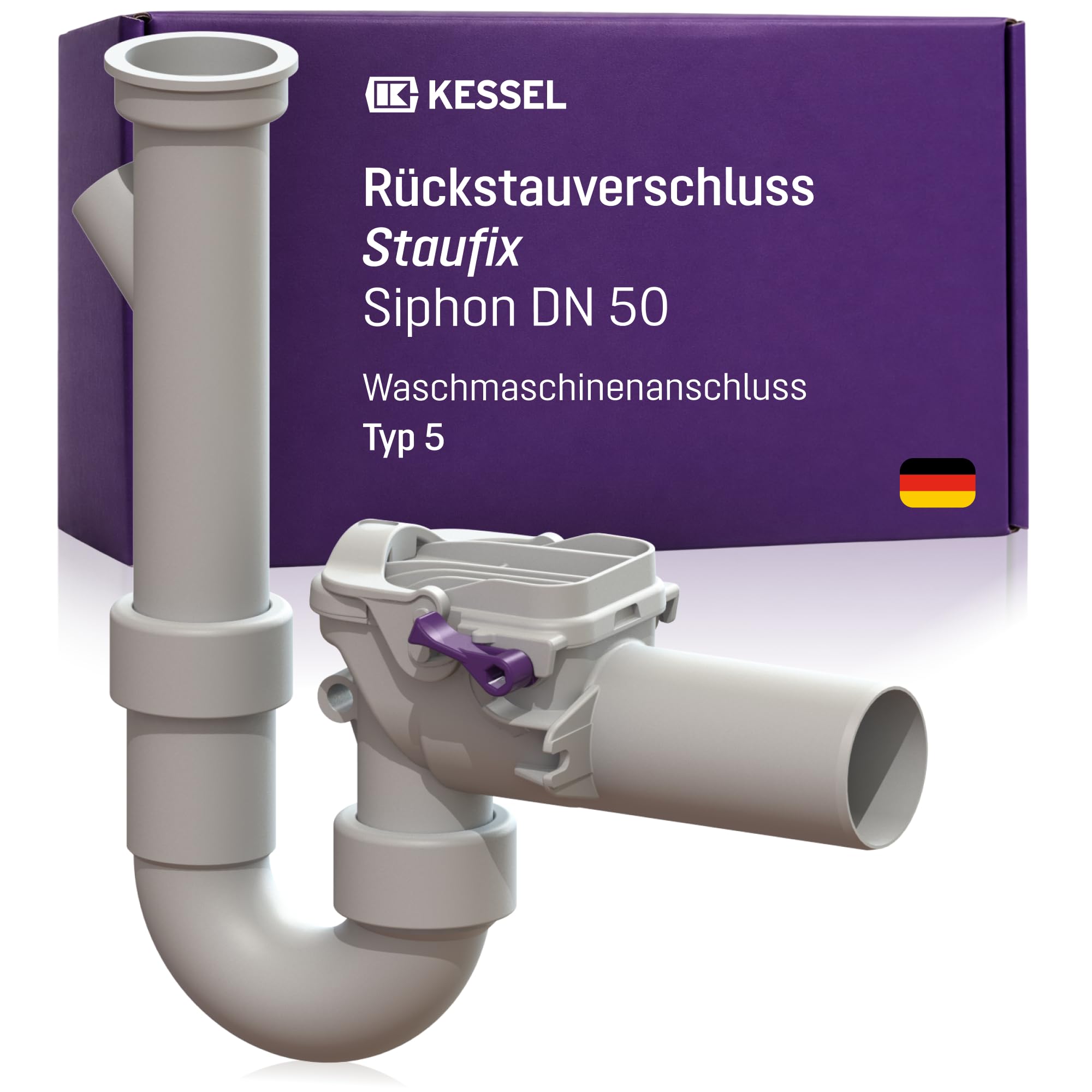Kessel 73052 Rückstauverschluss Staufix Siphon für Waschmaschine, Kunststoff, Falle | Rückstausicherung für fäkalienfreies Abwasser, 2 Klappen + Notverschluss, korrosionsfreier Kunststoff, EN 13564