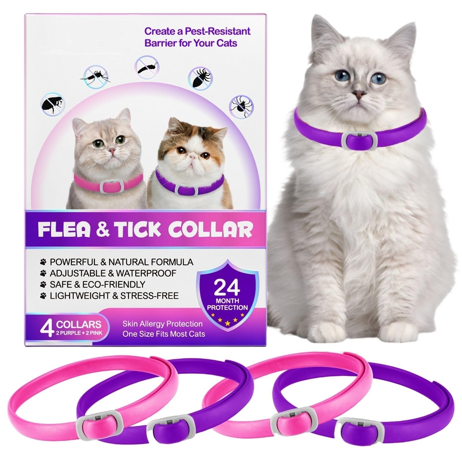 Collare Antiparassitario per Gatti, Collare Antipulci Gatto - 24 Mesi di Protezione Effettiva (4 Pezzi) (Viola + Rosa, 4 Pezzi)