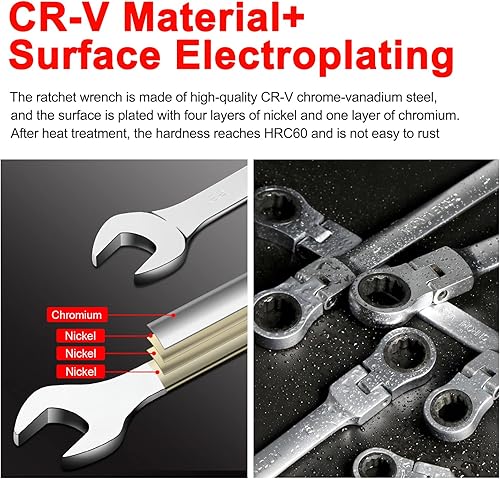 Miniatura 3 de Llave de trinquete, llave de grado industrial de 0.433 in, con llave de trinquete de cabeza flexible de 180 , Cr-V forjada antioxidante anti-flexión