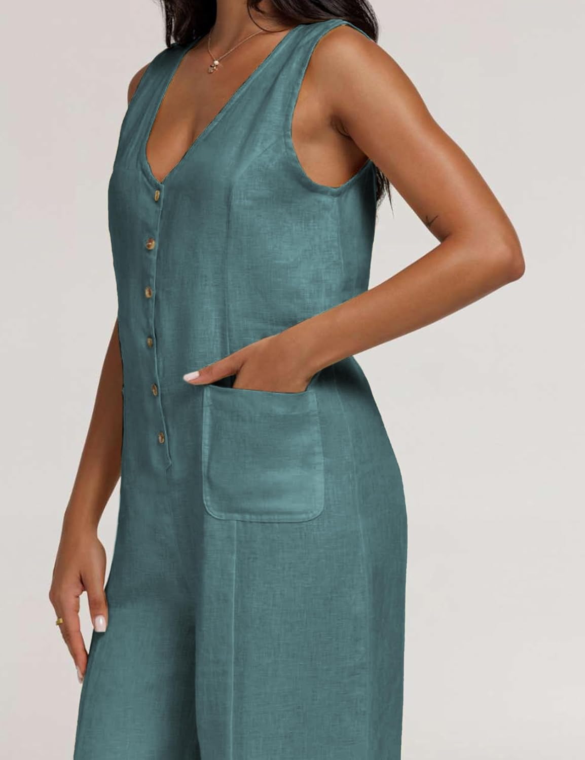 Yeokou Women Button Down Jumpsuits Cotton Linen Sleeveless Casual Wide Legs Rompers Loose Overall with Pockets - Image 7