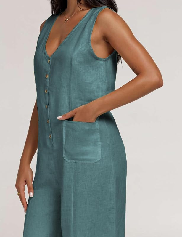 Yeokou Women Button Down Jumpsuits Cotton Linen Sleeveless Casual Wide Legs Rompers Loose Overall With Pockets(Teal-Medium) image 7