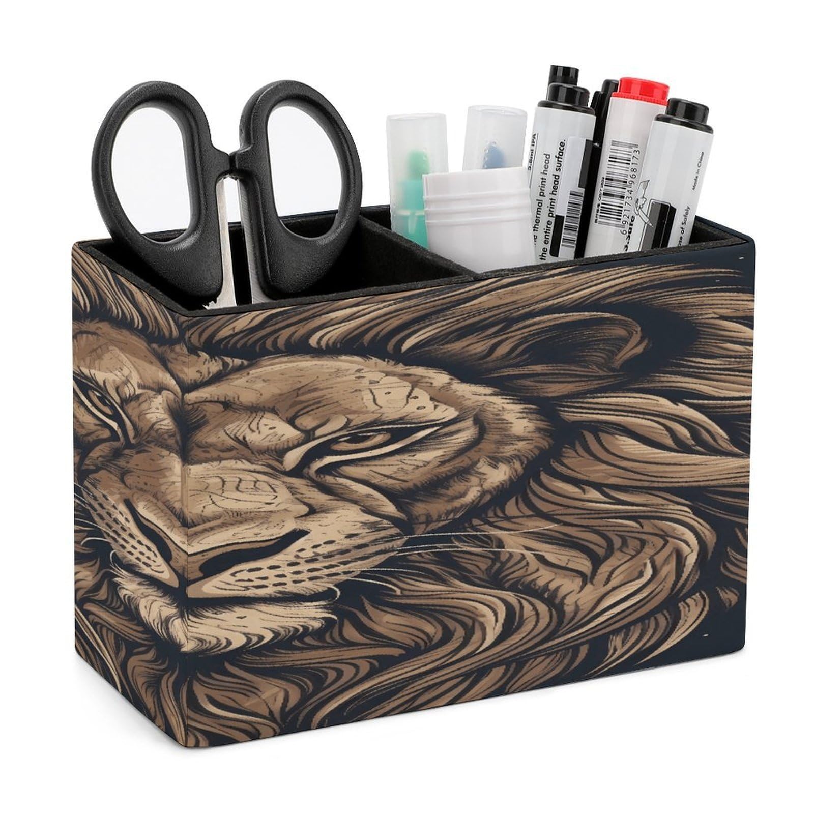 VstaDank Cartoon Lion Pencil Holder for Desk Organizer 2 Compartments Pen Cup Leather Square Pen Holder Pencil Cup Stand Makeup Brush Holders for Desktop Organizer Storage Case