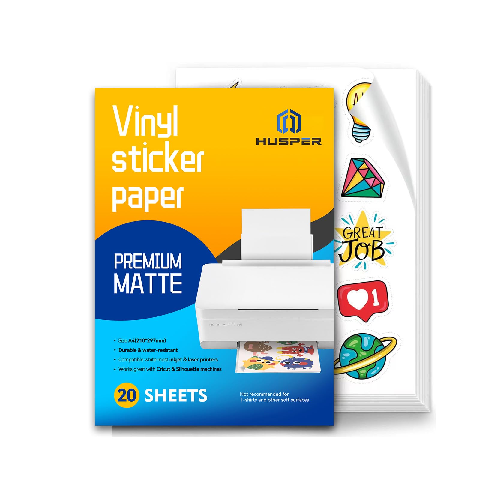 HUSPER Premium Printable Vinyl Sticker Paper for Inkjet Printer - A4 20 Sheets Matte White Waterproof, Dries Quickly Vivid Colors, Holds Ink Well- Tear Resistant - Inkjet & Laser Printer