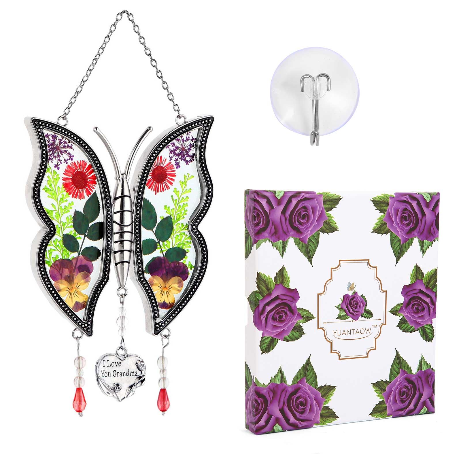 Gift for Grandma I Love You Grandma Creative Butterfly Suncatcher Real Flower Handmade Glass for Grandma's Birthday