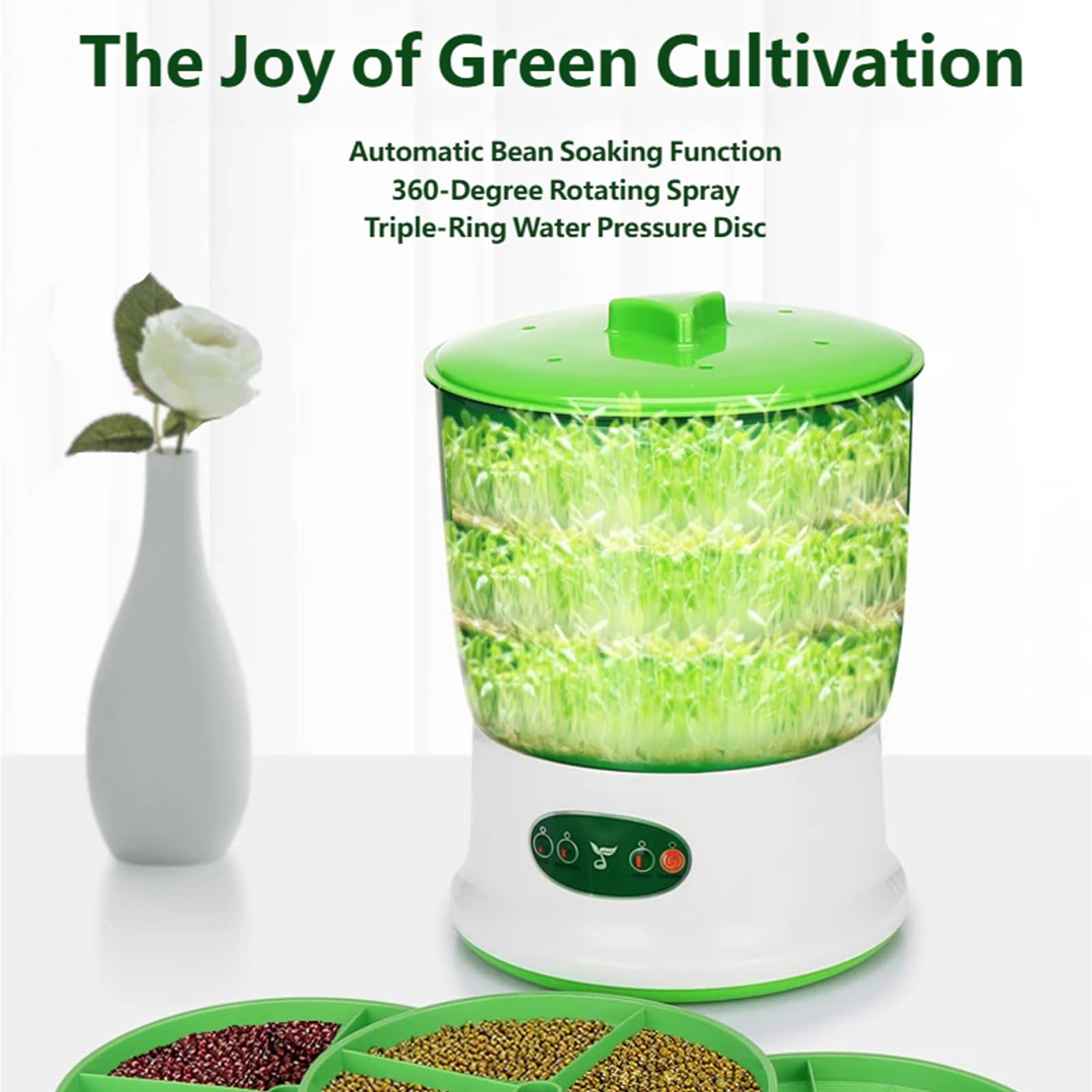 Sprouts Growing Kit, 360° Sprinkler & 3 Saisonale Modi, Automatische Maschine für Rettich, Weizengras, Brokkoli und andere Sprossen