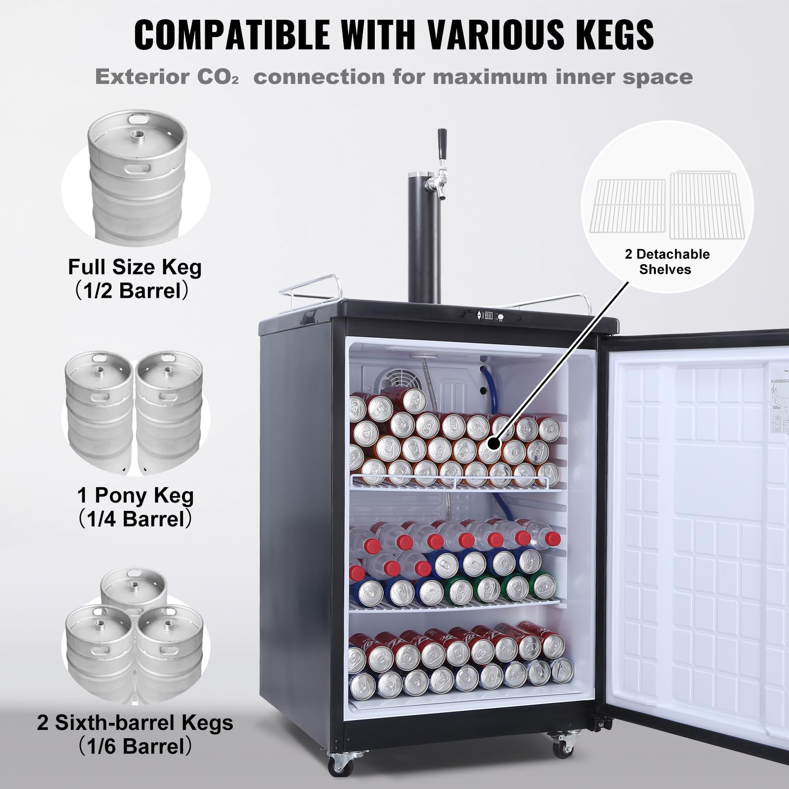 Happybuy Single Tap Beer Kegerator - Full Size Keg Refrigerator With Shelves, Co2 Cylinder, Drip Tray & Rail, 32°F - 75.2°F Temp Control, Fits 1/6, 1/4, 1/2 Barrels, Silver on Fridge.com - View 4