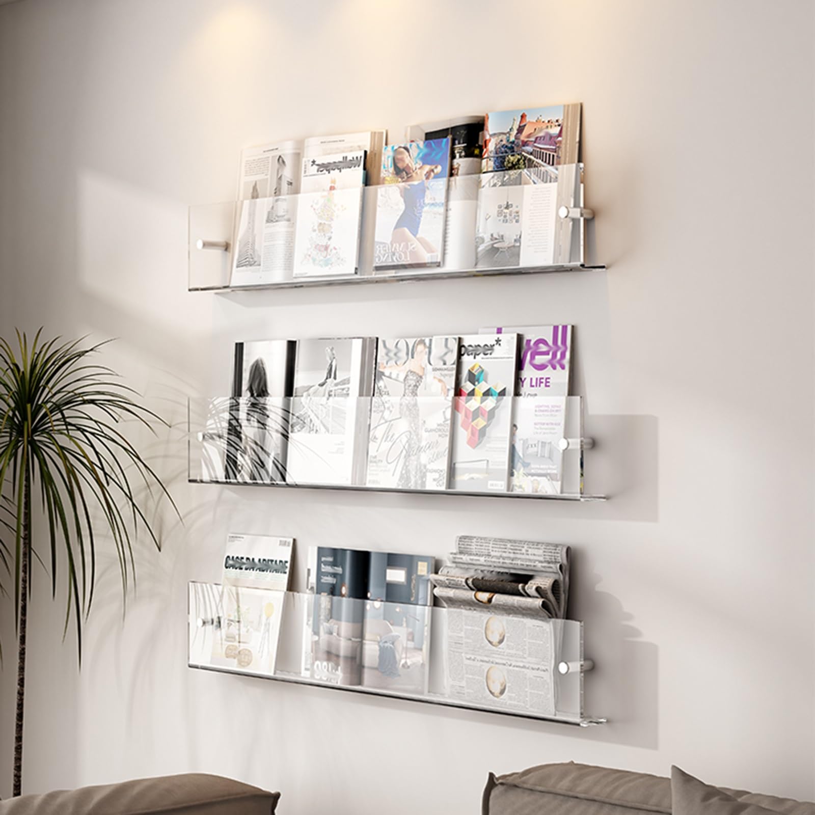 3 Pack Acrylic Magazine Holder Brochure Rack Wall Mount, Lightweight Newspaper Display Stand for Files Folders Paper, Albums Record Organizer Books Storage Shelf ( Color : Clear , Size : L60cm/23.6in