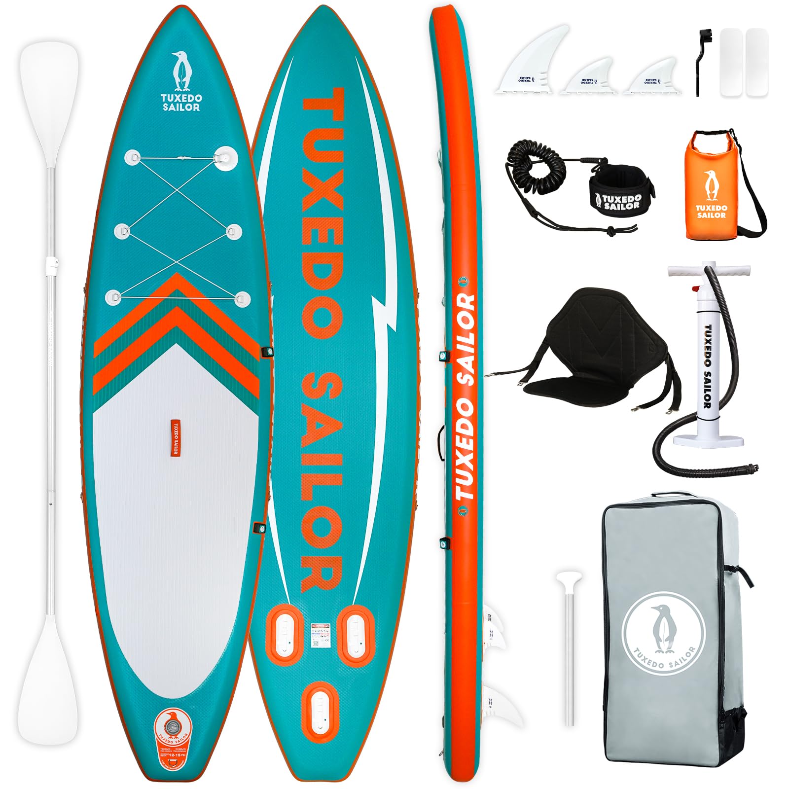 Tuxedo Sailor Inflatable Stand Up Paddle Board SUP Yoga Board Complete Accessories Adjustable Paddleboard, Pump, ISUP Travel Backpack, Mobile Phone Waterproof Bag, Fin, Paddling Surfboard