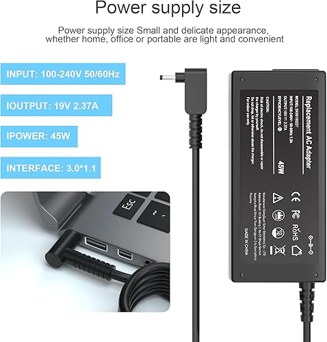 Miniatura 2 de Adaptador de CA de 19V 2.37A 45W Cargador para portátil compatible con Acer Aspire 5 A515-44 A515-46 A515-54 A515-54G A515-55 A515-56 A517-52,