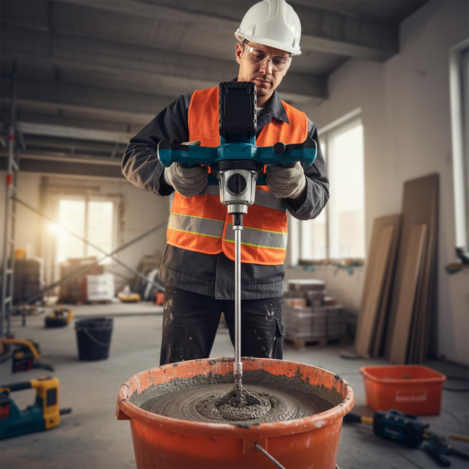 Mélangeur de mortier sans fil 1200 W - Mélangeur de mortier de couleur - Mélangeur à béton sans balais 21 V - 0 à 580 tr/min - 2 niveaux réglables - Mélangeur industriel