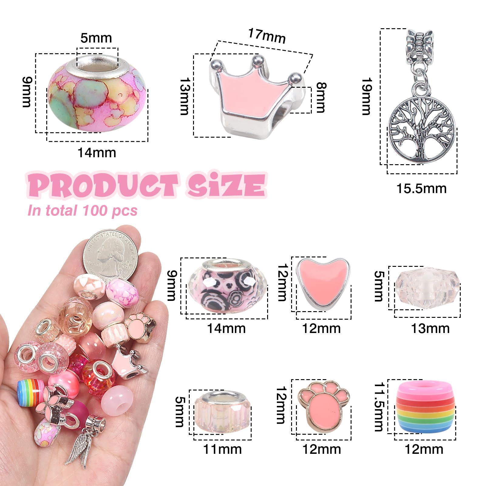 TOAOB 100pcs Perles à Gros Trous Perles Européen De Résine Et Métal Charms Rose Clair Thème Plusieurs Tailles Femme Pour Bricolage Artisanat Bracelets