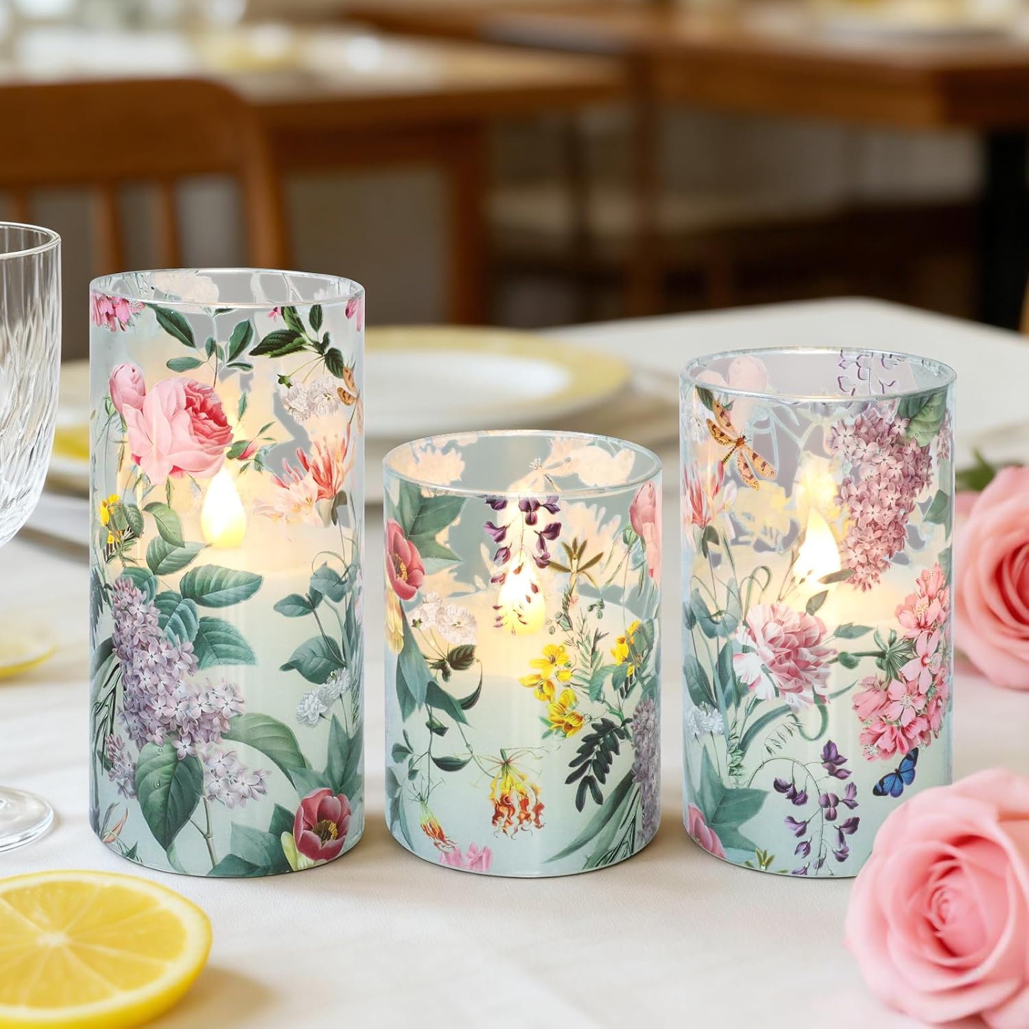 Glass Flameless Candles with Remote Timer Floral Battery Operated LED Flickering Blue Pillar Candle Real Wax Spring Summer Garden Dinner Christmas Holiday Farmhouse Decor D3 x H4, 5", 6"