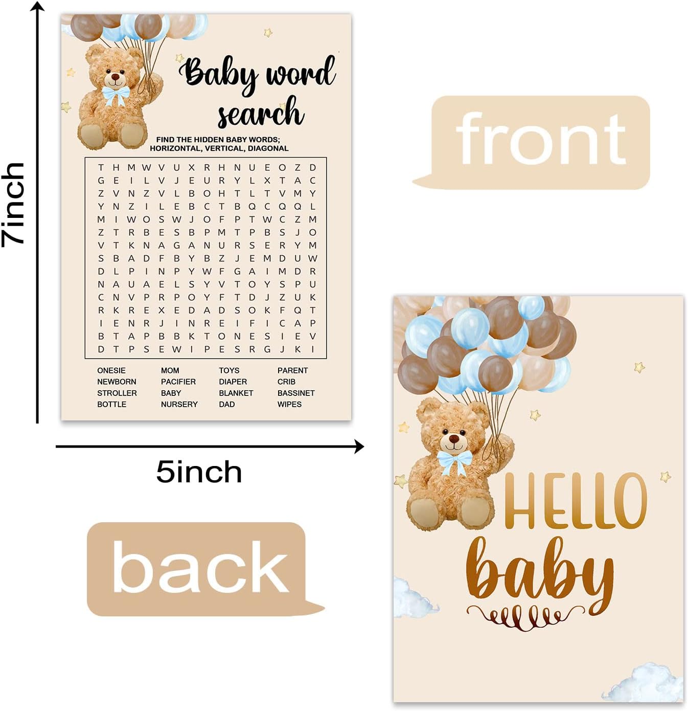 30Pcs Baby Shower Games, Double-Sided Baby Word Search Cards, Brown Bear image 2