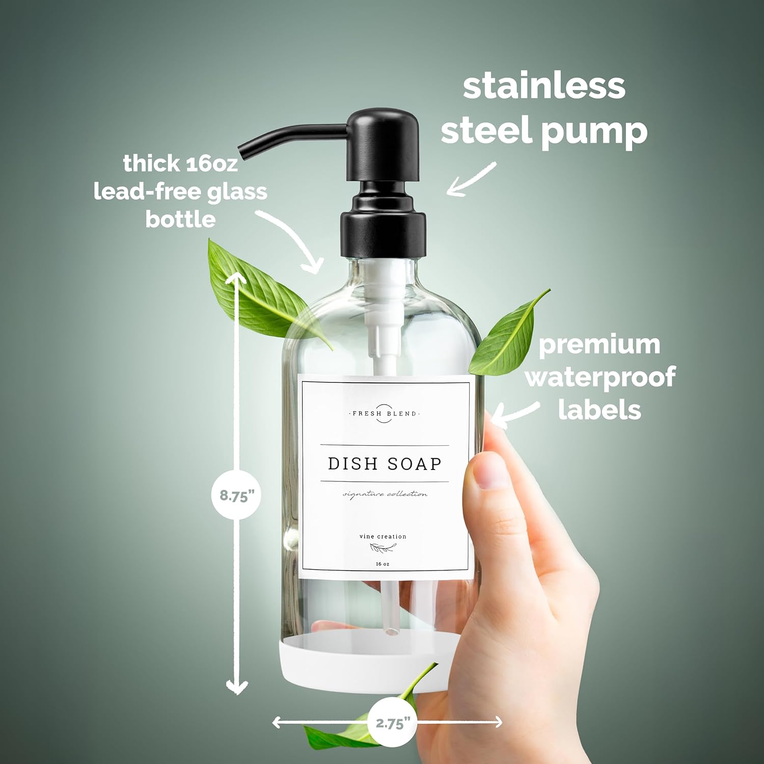 Vine Creations Clear Glass Soap Dispenser, 2 Pack Kitchen Soap Dispenser Set with Stainless Steel Pump, 16 oz Dish Soap and Hand Soap Dispensers for Bathroom with Waterproof Labels - Image 6