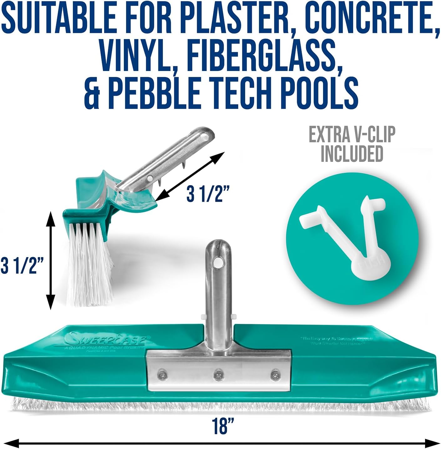 SweepEase® Swimming Pool Brush, 18" Pro Series Pool Brush, Durable Poly Bristles, Sticks to Walls and Floor Guaranteed, Green, Patented Design