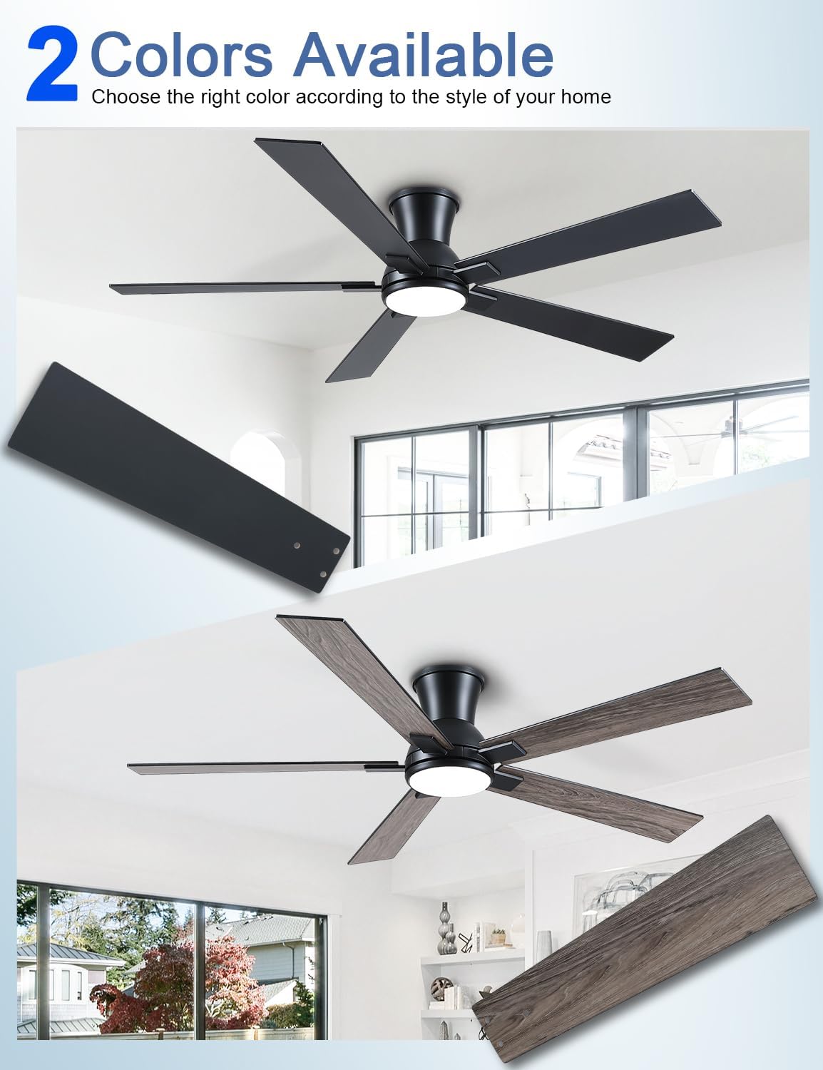 60 Inch Black Flush Mount Ceiling Fans with Lights, 3CCT Dimmable LED, 6-Speed Remote Control, Reversible Motor,Quiet Low Profile Energy-Efficient for Bedroom & Living Room,ETL Listed