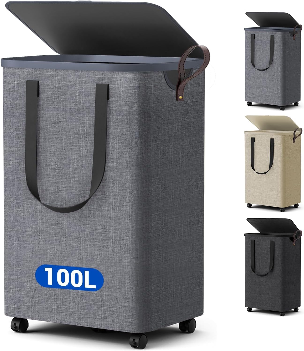 Laundry Basket with 5 Wheels, Tall Dirty Laundry Hamper, Rolling Laundry Basket with Lid, Collapsible Clothes Hamper for Bathroom Bedroom Dorm Laundry Room, Dark Gray, 75L