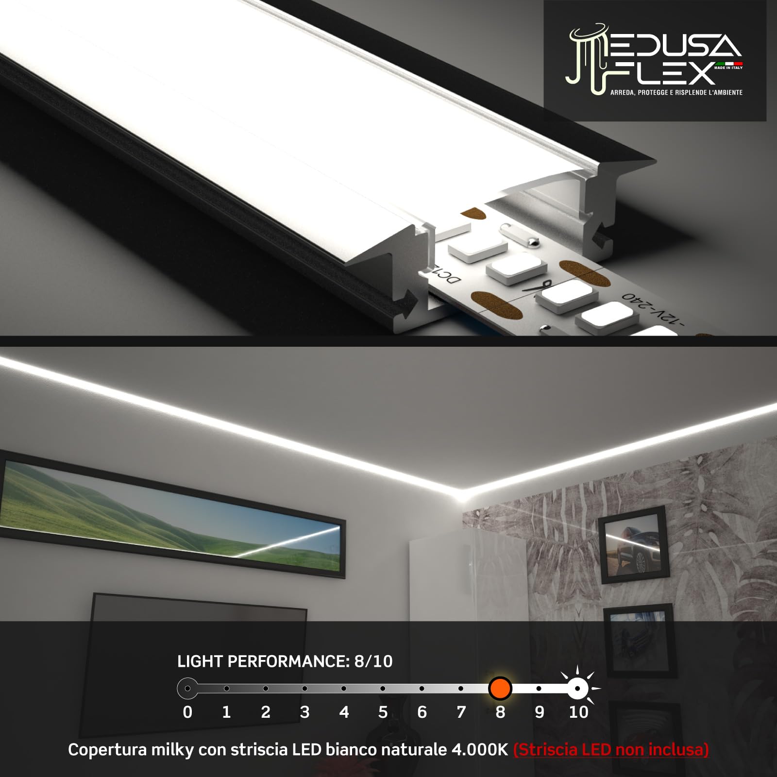 Profilo Alluminio a incasso per Strisce LED con copertura Professionale Milky Made in Italy MedusaFlex in Policarbonato - Pacco da 5 pezzi (10m) - 2000 x 17.4 x 7mm - Cover standard opaca inclusa