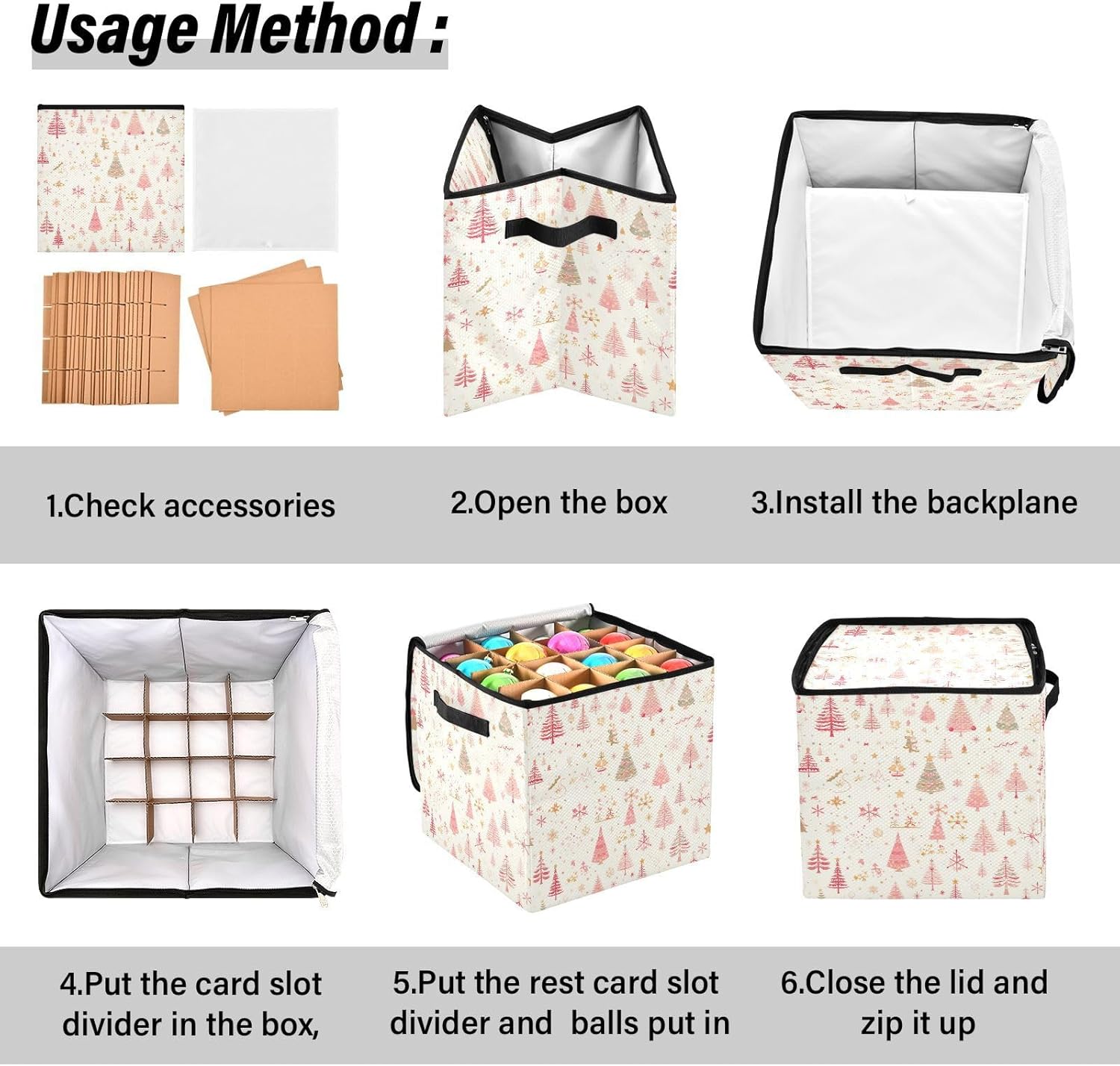 High Capacity Christmas Ornament Storage Box Holds Up to 64, Adjustable Dividers sturdy Holiday Storage Case with Lid,Pink Merry Christmas Tree